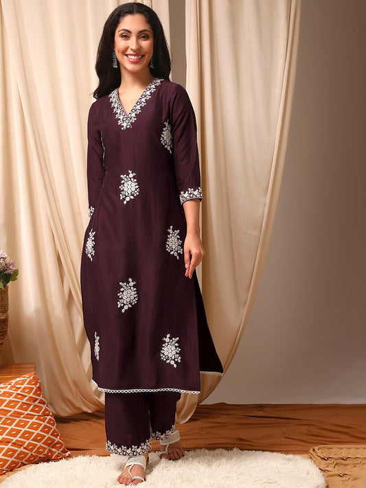 Women Burgundy Floral Embroidered Regular Thread Work Kurta with Palazzos