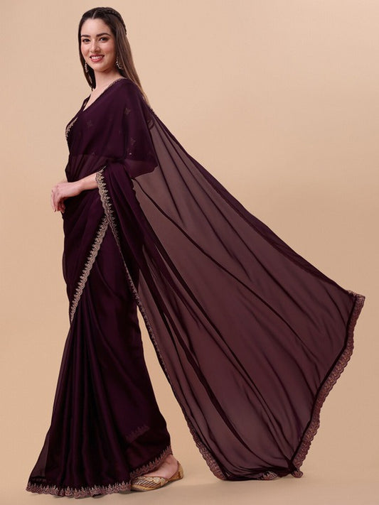 Mauve & Gold-Toned Embroidered Saree