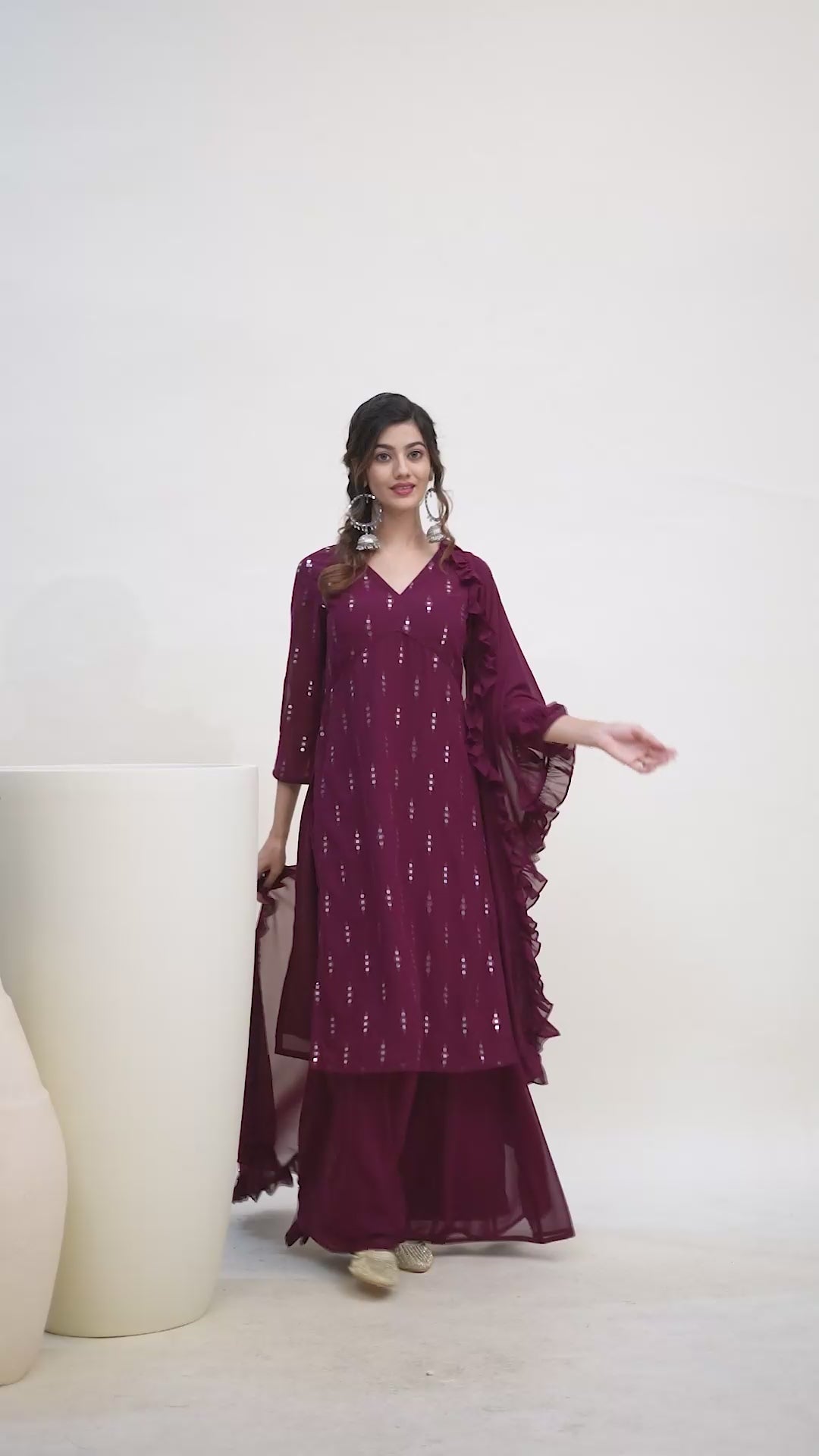 Ethnic Motifs Embroidered Regular Sequinned Kurta With Palazzos & With Dupatta