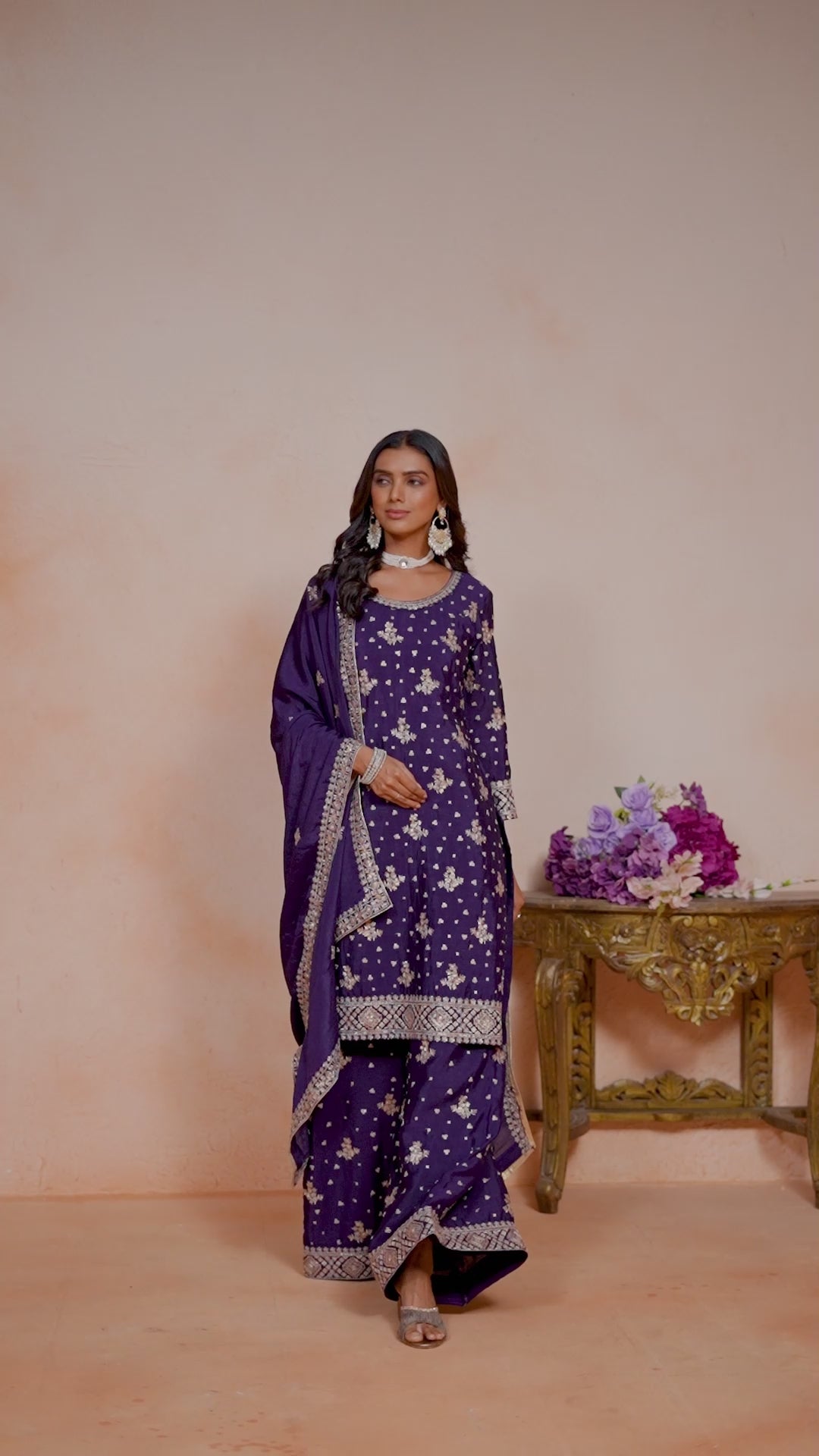 Chinon Purple Color Festive Look Trendy Palazzo Suit