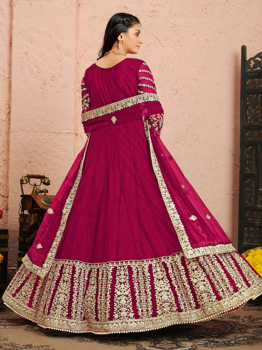 Magenta Net Festive Wear Anarkali Suit