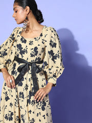 Beige Crepe Floral Printed Partywear Dress with Belt