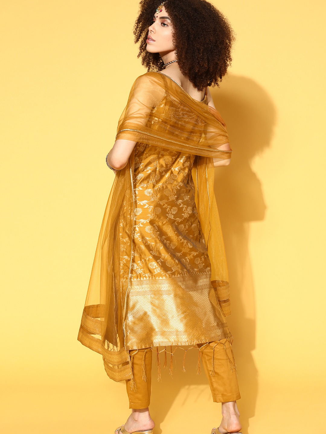 marvellous mustard silk blend woven design kurta set