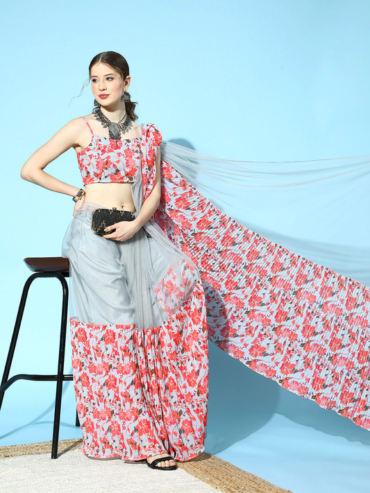 Grey  Pink Floral Printed Ruffle Saree with Blouse Piece