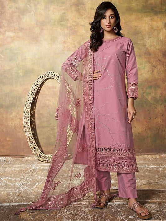 Abstract Printed Regular Sequinned Pure Silk Kurta with Trousers & Dupatta - Inddus.com