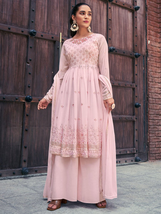 Baby Pink Georgette Partywear Palazzo-Suit - Inddus.com