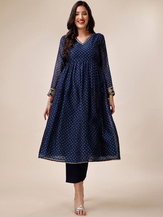 Bandhani Printed V-Neck Chanderi Cotton Kurta with Trousers - Inddus.com