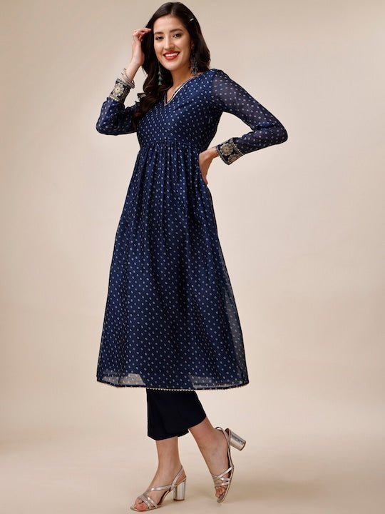 Bandhani Printed V-Neck Chanderi Cotton Kurta with Trousers - Inddus.com