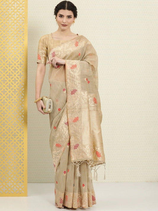 Beige and Golden Ethnic Motifs Zari Woven Saree - Inddus.com