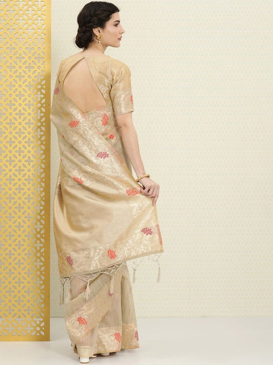 Beige and Golden Ethnic Motifs Zari Woven Saree - Inddus.com