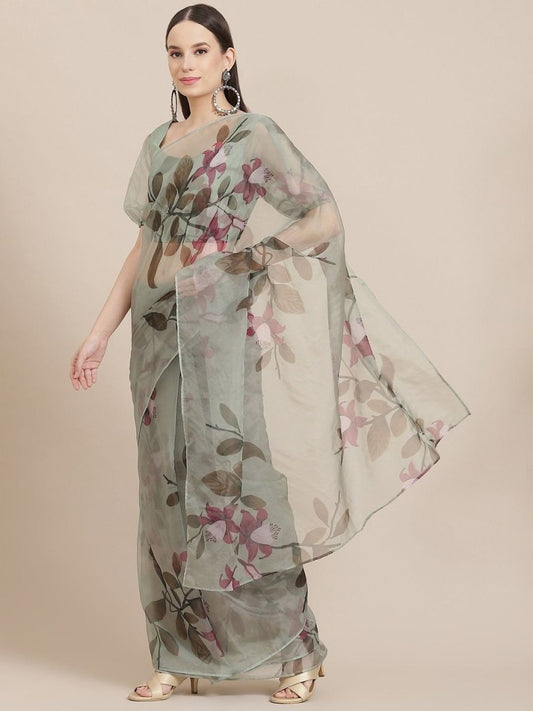 Beige and Green Floral Print Organza Saree - Inddus.com