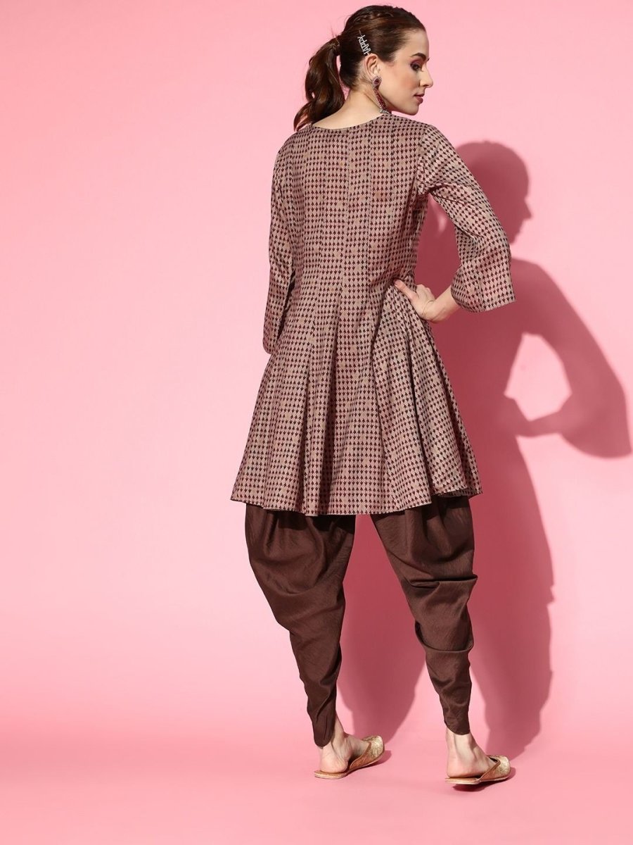 Beige and Grey Printed Embroidered Kurta with Dhoti Pants - Inddus.com