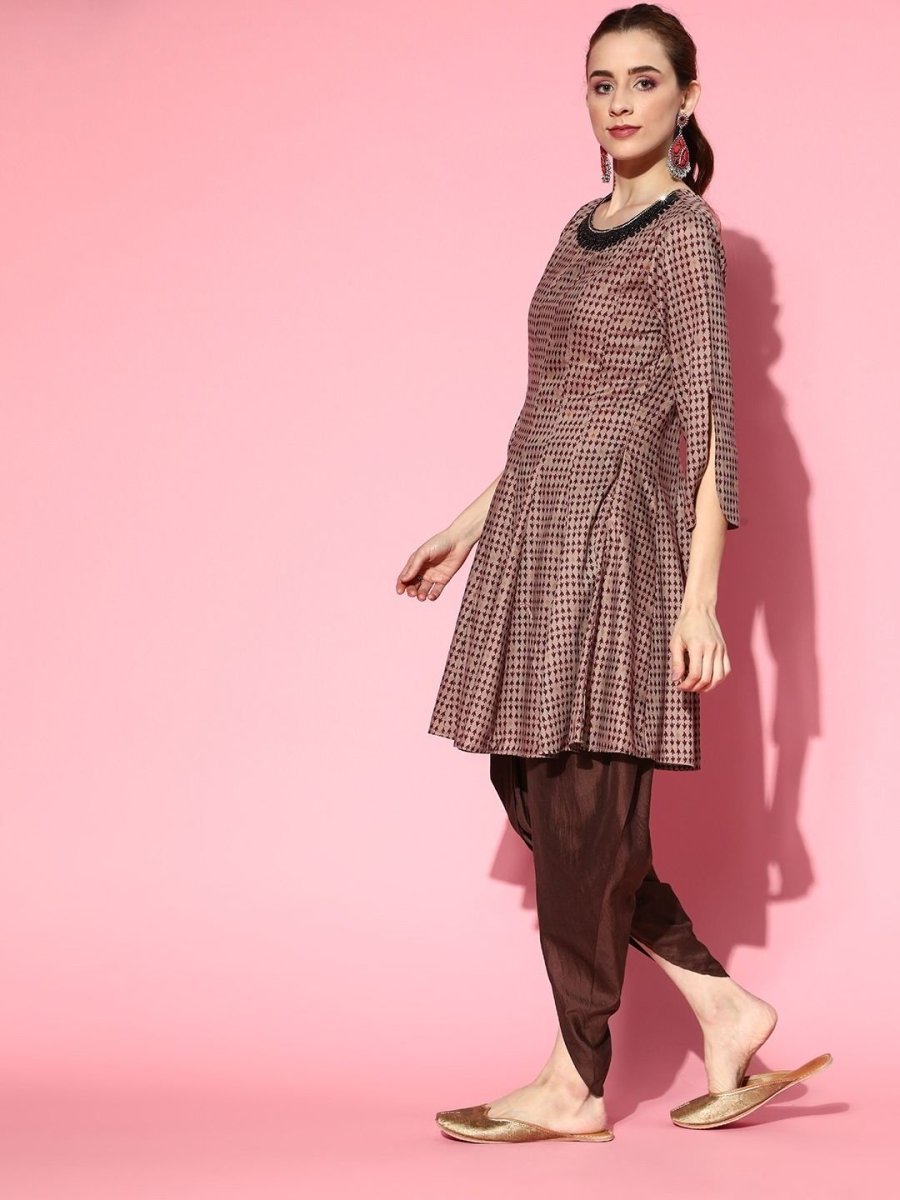 Beige and Grey Printed Embroidered Kurta with Dhoti Pants - Inddus.com