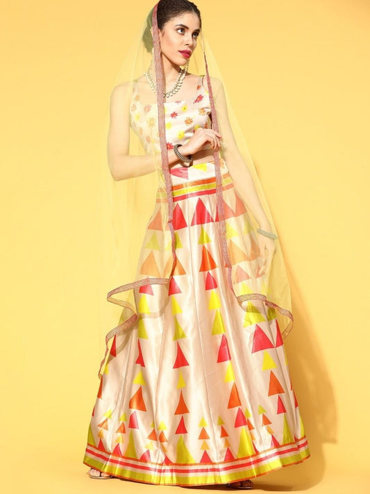 Beige and Neon Lehenga with Dupatta and Blouse - Inddus.com