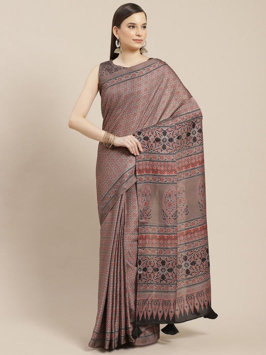 Beige and Red Floral Digital Print Saree - inddus-us