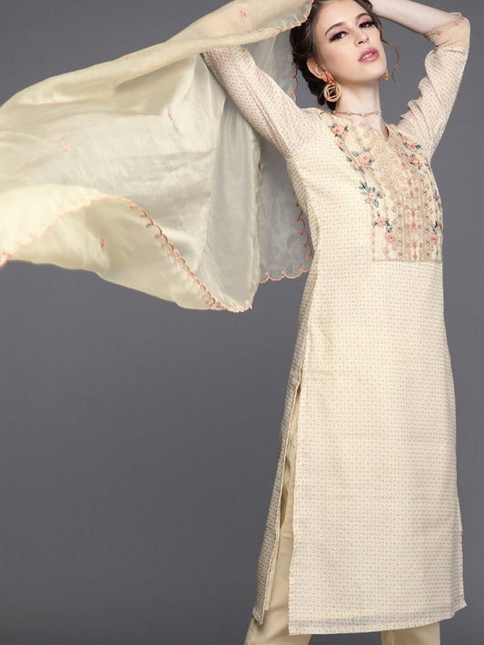 Beige Chanderi Cotton Printed Straight Cut Suit - inddus-us