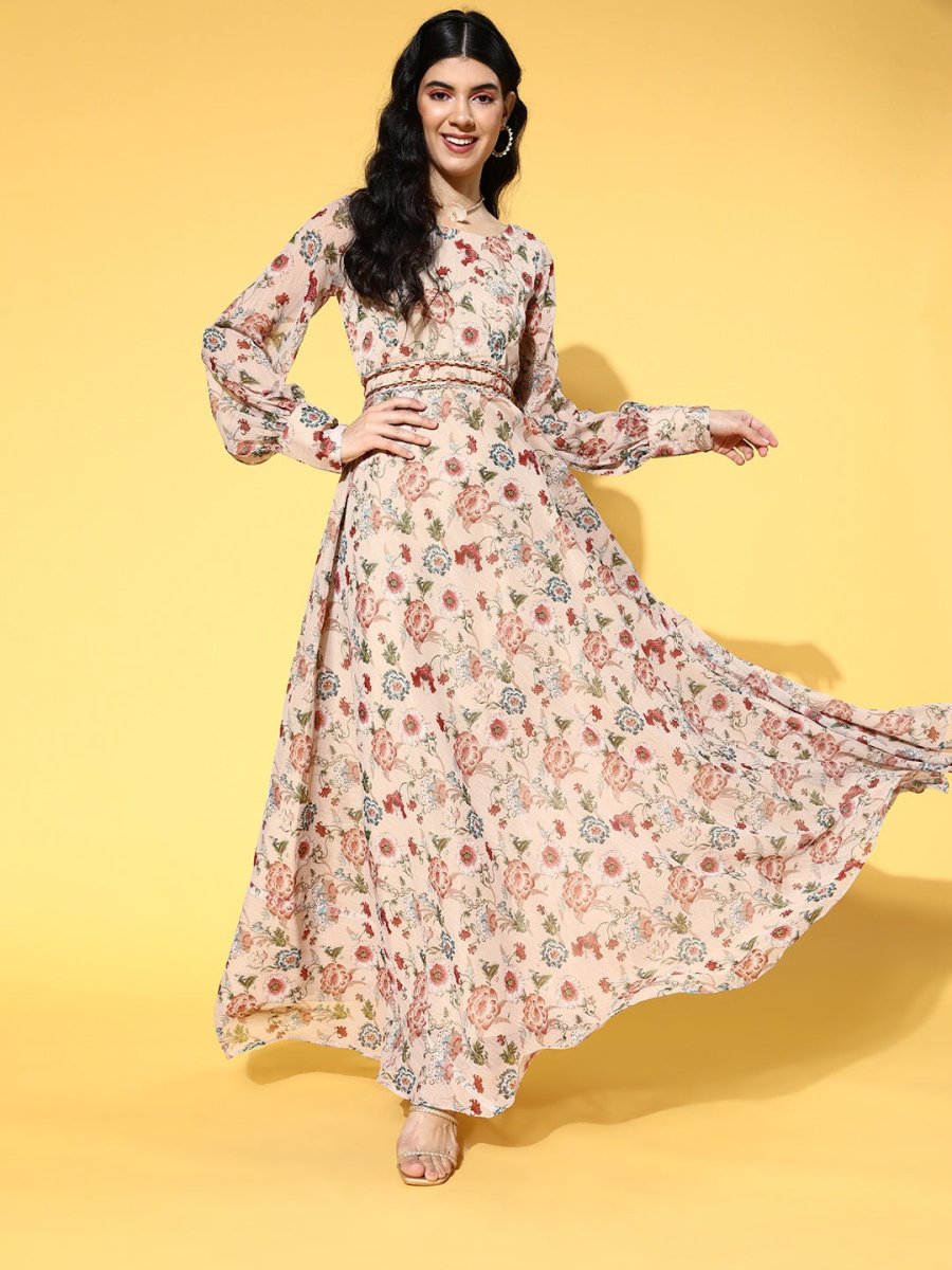 Beige Chiffon Floral Printed Gown with Embellished Belt - Inddus.com