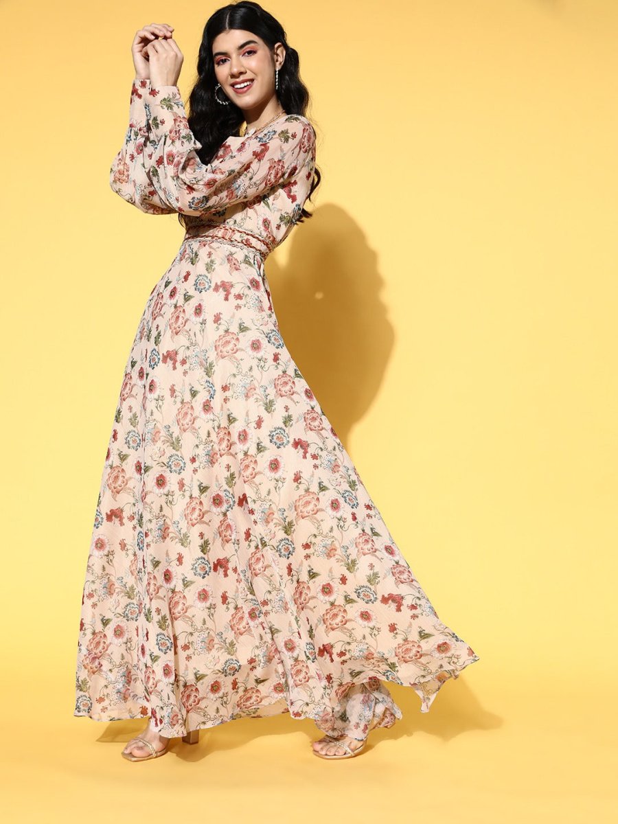 Beige Chiffon Floral Printed Gown with Embellished Belt - Inddus.com