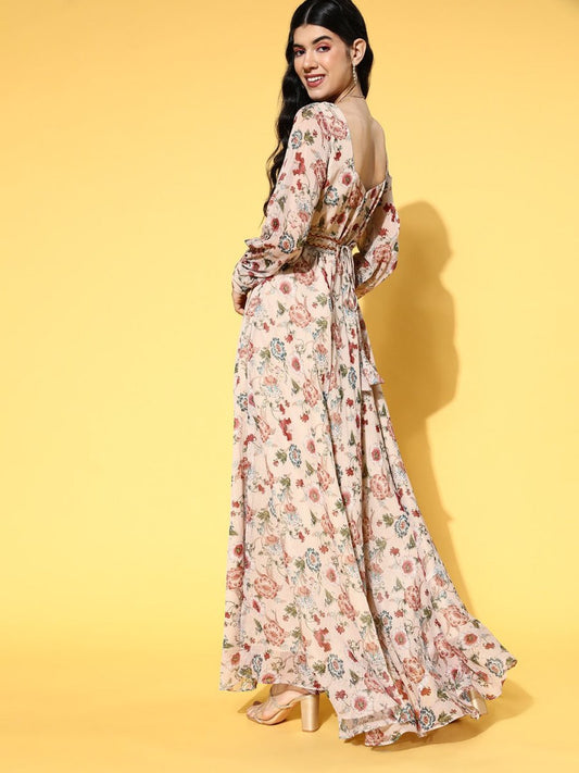 Beige Chiffon Floral Printed Gown with Embellished Belt - Inddus.com