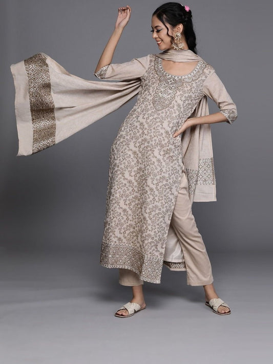 Beige Cotton Blend Woven Design Straight Cut Suit - Inddus.com