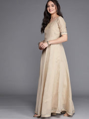 Beige Embroidered Anarkali Kurta with Net Dupatta - Inddus.com