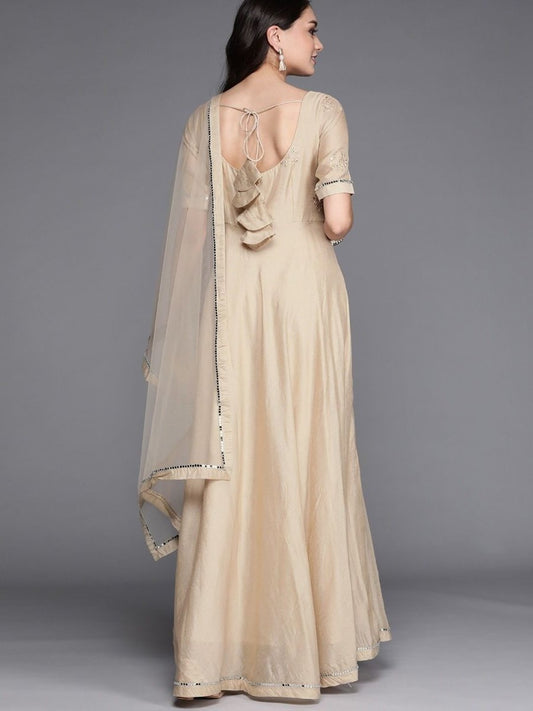 Beige Embroidered Anarkali Kurta with Net Dupatta - Inddus.com