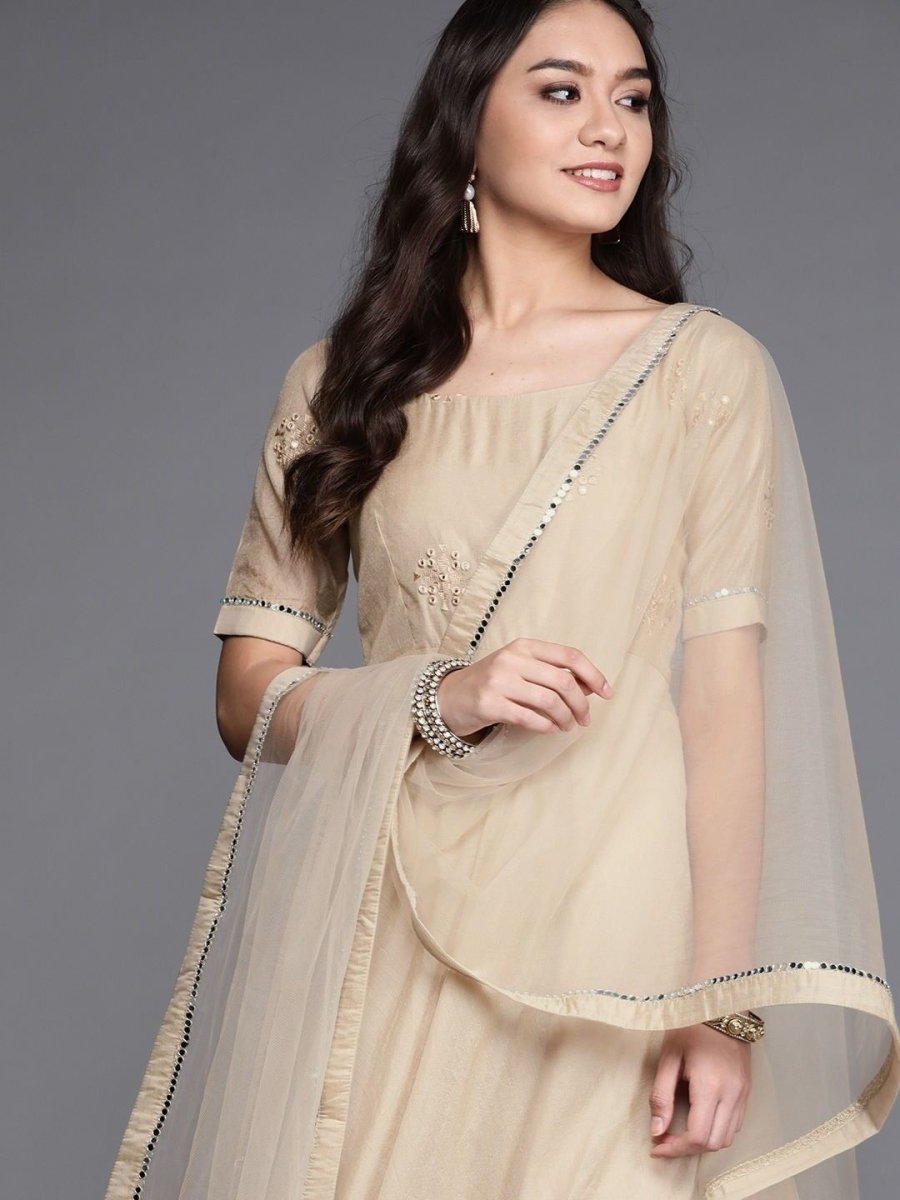 Beige Embroidered Anarkali Kurta with Net Dupatta - Inddus.com