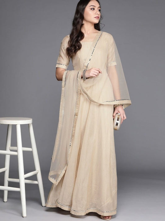 Beige Embroidered Anarkali Kurta with Net Dupatta - Inddus.com