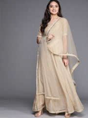 Beige Embroidered Anarkali Kurta with Net Dupatta - Inddus.com