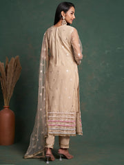 Beige Embroidered Partywear Straight-Cut-Suit - Inddus.com