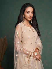 Beige Embroidered Partywear Straight-Cut-Suit - Inddus.com