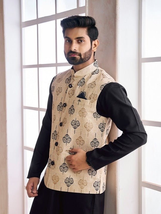 Beige Ethnic Motifs Woven Design Nehru Jacket Inddus