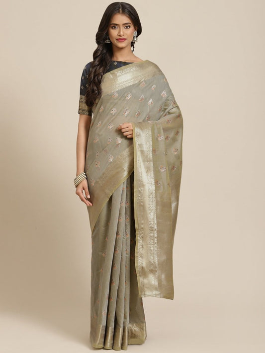 Beige Ethnic Motifs Zari Woven Banarasi Saree - Inddus.com