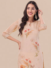 Beige Floral Printed Keyhole Neck Kurta & Trousers With Dupatta - Inddus.com