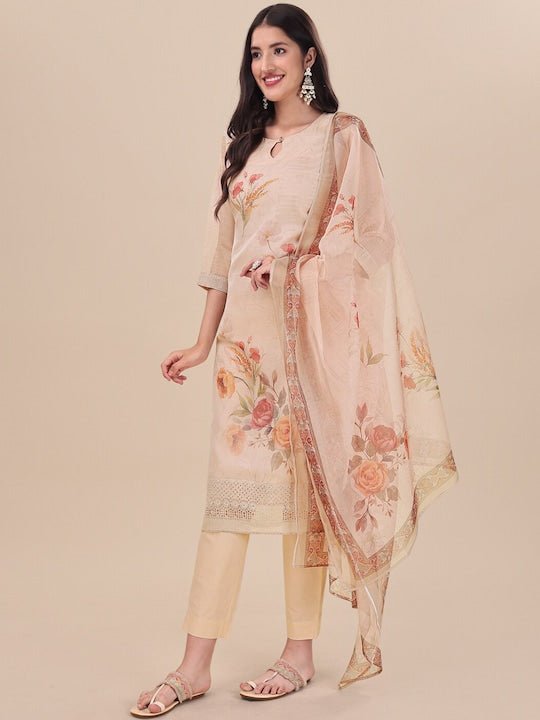 Beige Floral Printed Keyhole Neck Kurta & Trousers With Dupatta - Inddus.com