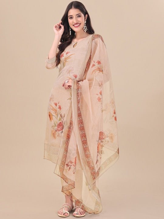 Beige Floral Printed Keyhole Neck Kurta & Trousers With Dupatta - Inddus.com