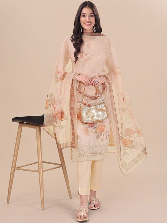 Beige Floral Printed Keyhole Neck Kurta & Trousers With Dupatta - Inddus.com