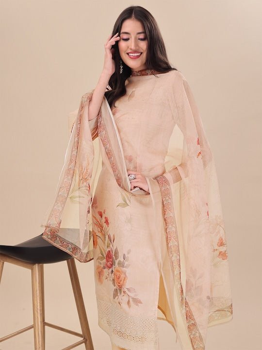 Beige Floral Printed Keyhole Neck Kurta & Trousers With Dupatta - Inddus.com