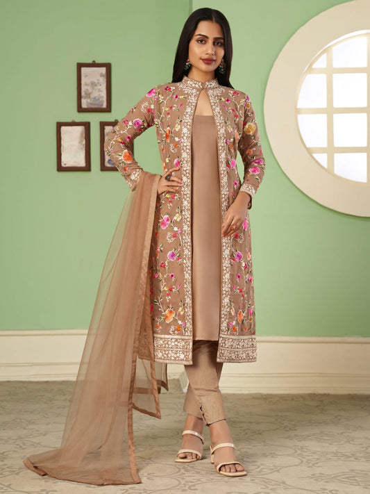 Beige Georgette Partywear Jacket-Style-Suit - Inddus.com