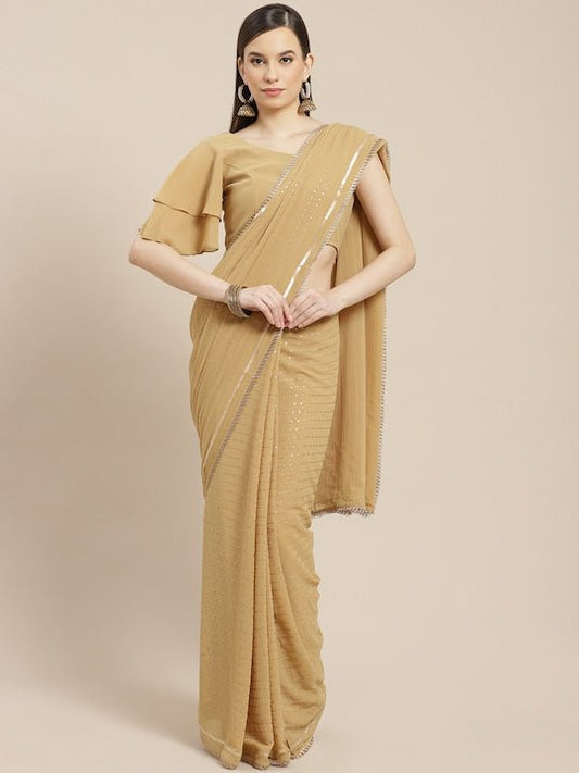 Beige & Gold-Toned Sequinned Saree - Inddus.com