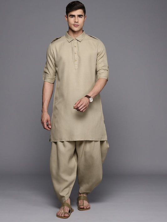 Beige Linen Pathani Kurta with Dhoti Pants - Inddus.com