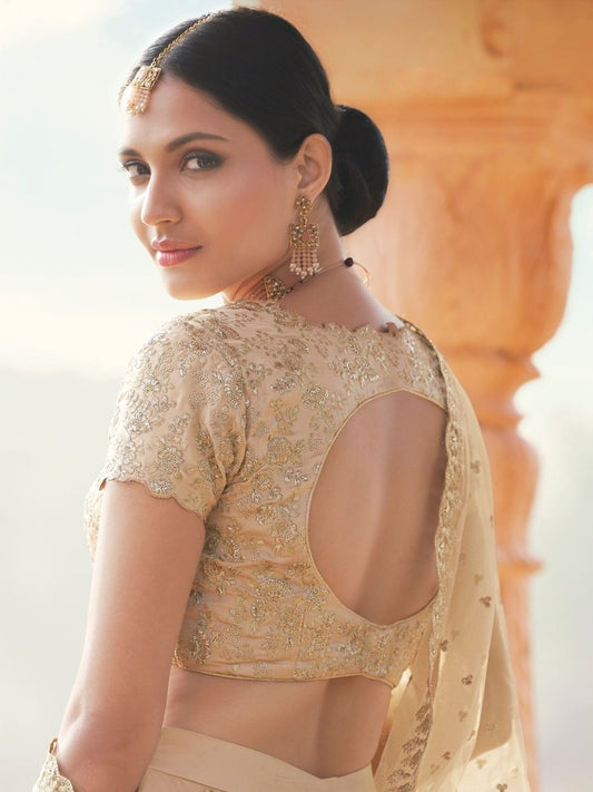 Beige Net Designer Lehenga Choli - Inddus.com