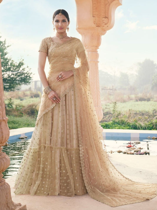 Beige Net Designer Lehenga Choli - Inddus.com