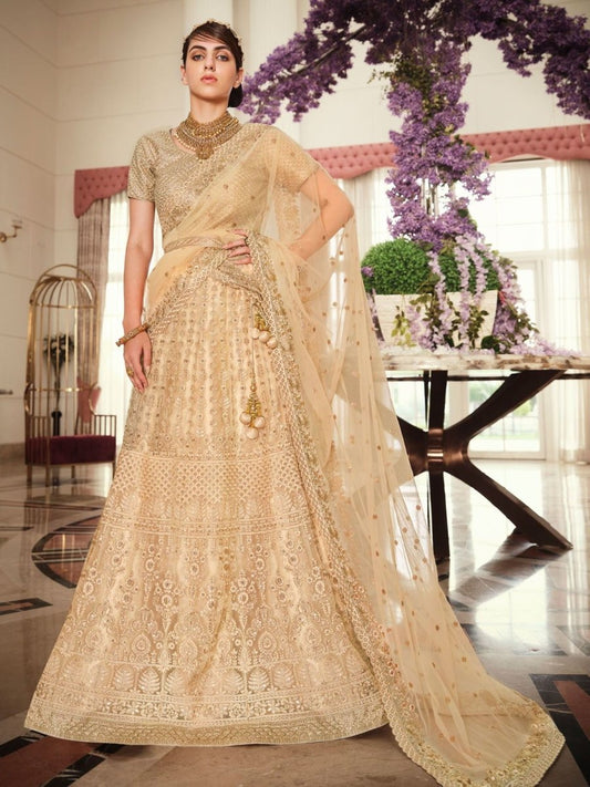 Beige Net Festive Lehenga Choli - Inddus.com