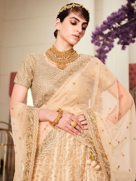 Beige Net Festive Lehenga Choli - Inddus.com