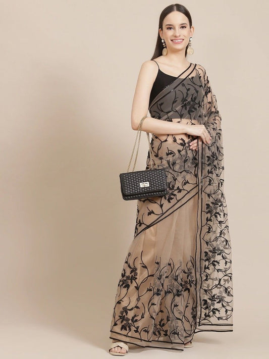 Beige Net Floral Embroidered Saree - Inddus.com