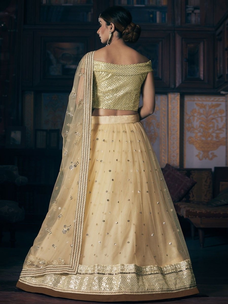 Beige Net Heavy Embroidered Lehenga Choli - inddus-us