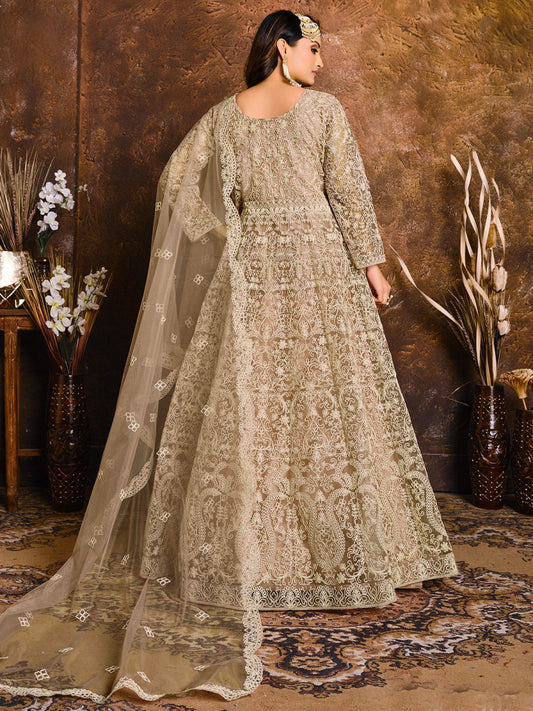 Beige Net Partywear Anarkali Suit - Inddus.com