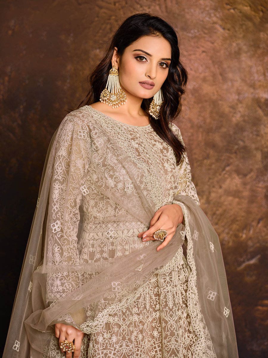 Beige Net Partywear Anarkali Suit - Inddus.com