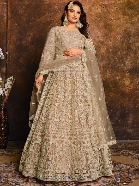 Beige Net Partywear Anarkali Suit - Inddus.com